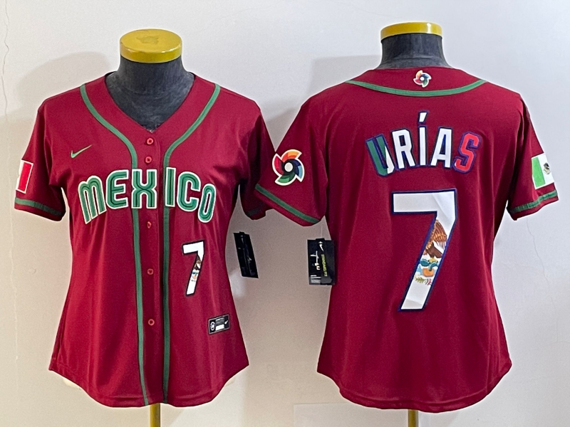 Women's Red Mexico Baseball #7 Julio Urías 2023 World Baseball Classic With Patch Stitched Jersey(Run Small)